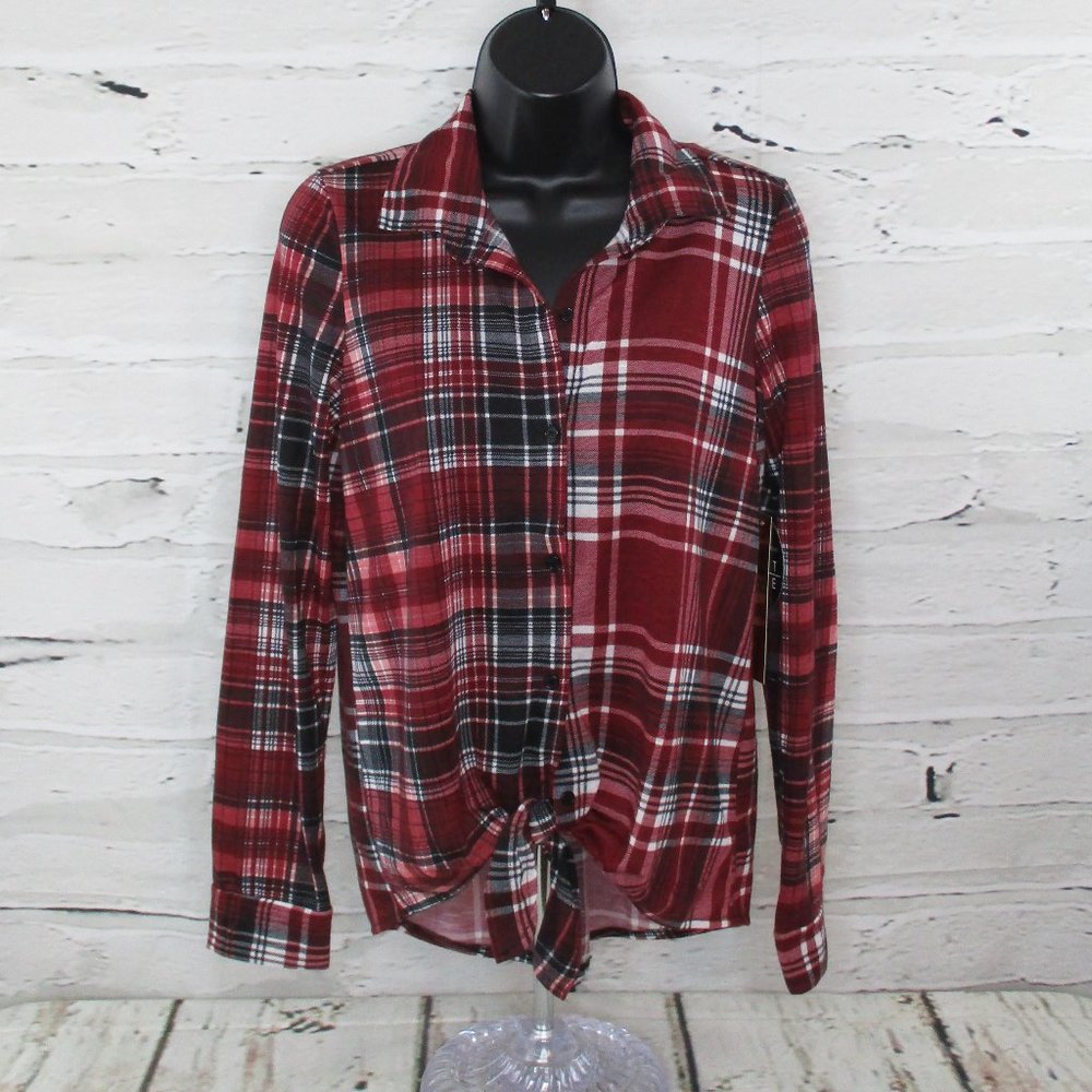 Almost Famous Juniors Plaid Tie Front Shirt